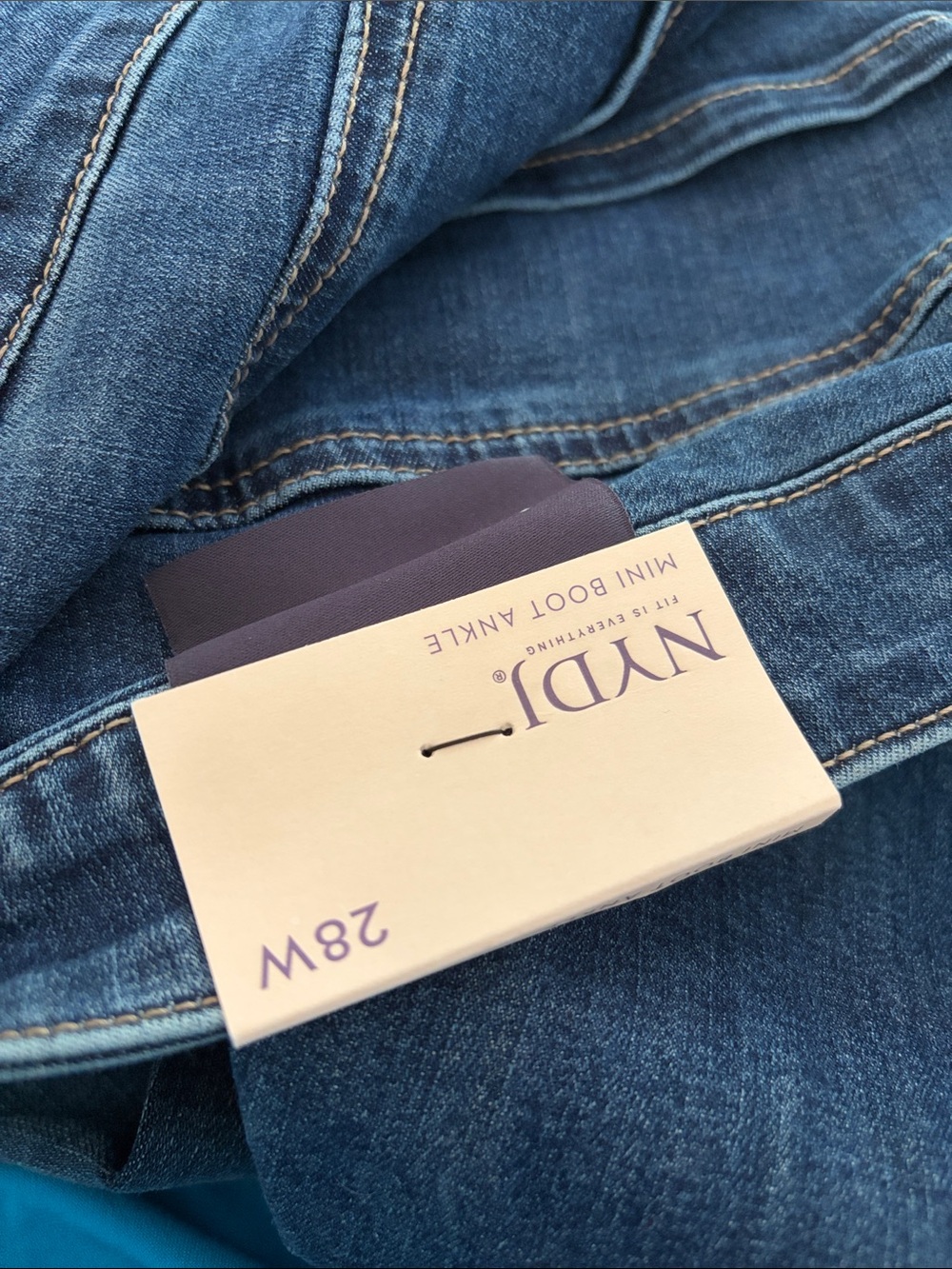 NYDJ Blue Denim Mini Boot Ankle Jeans with Tan Stitching